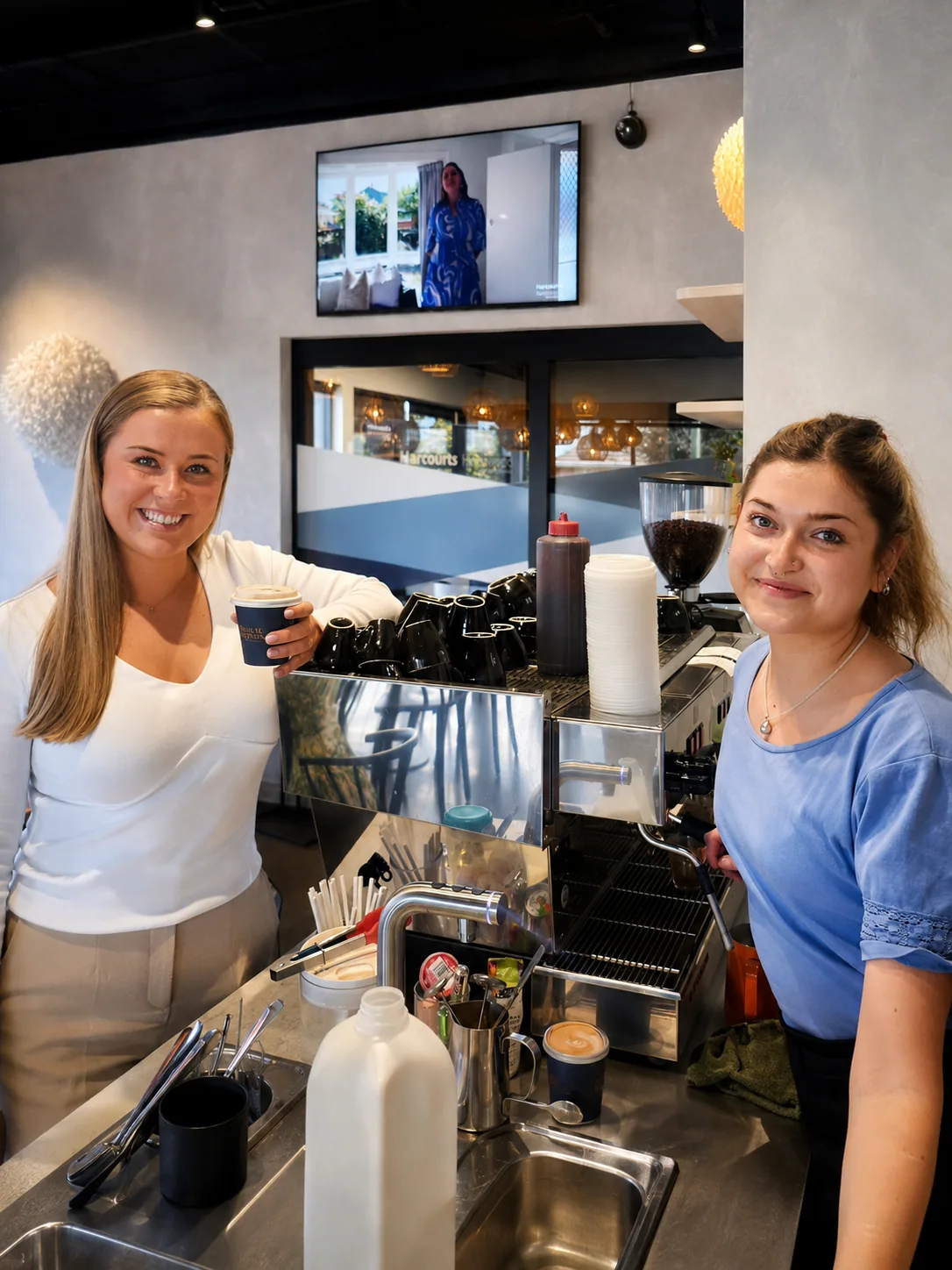 Two Cafe Elia team members working together beside the coffee machine