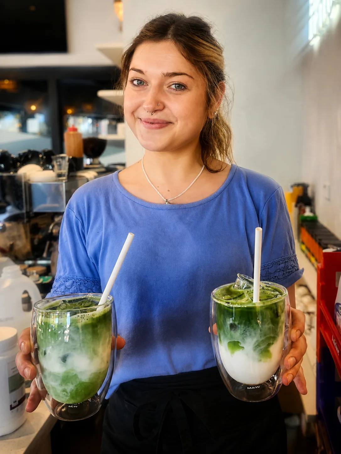 A Cafe Elia team member holding two fresh iced matcha drinks